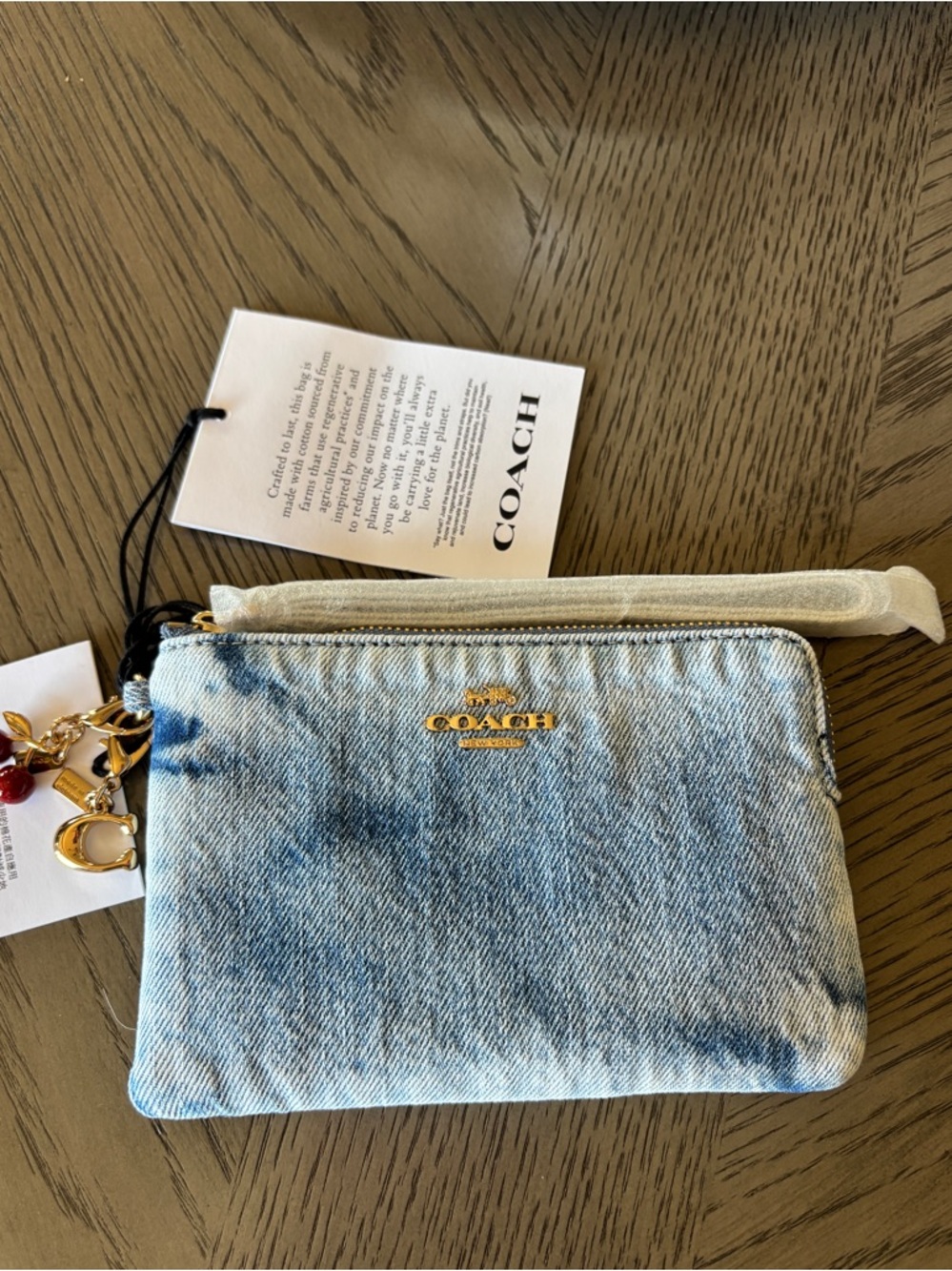 Coach Loved Denim Blue Wristlet Bag with Red Cherry Charm 🍒 & Signature C Charm - Picture 3 of 6